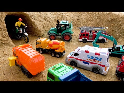 Rescue the cars in the cave with police car crane truck and fire truck - Toy car story