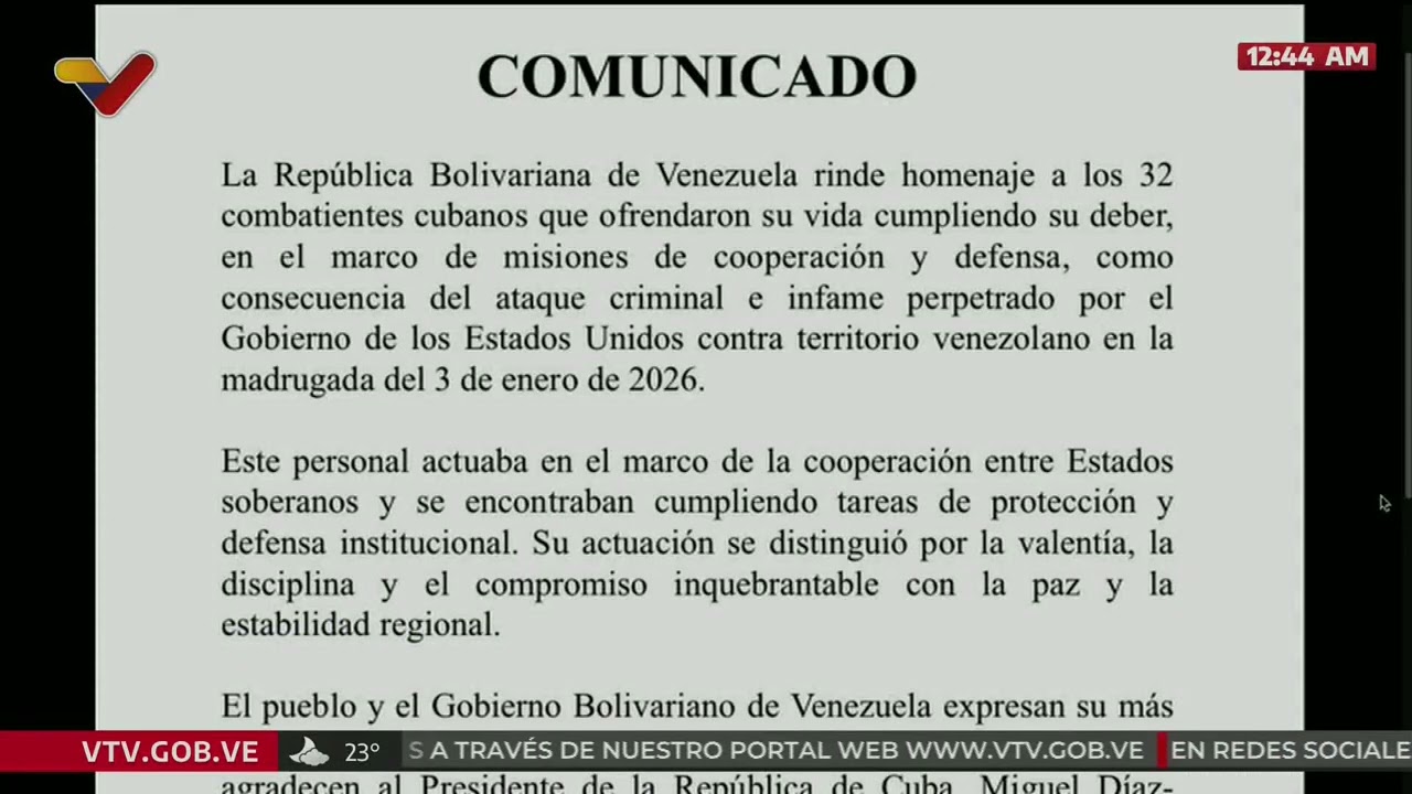 Venezuela solidaria por muerte de 32 cubanos durante bombardeos estadounidenses