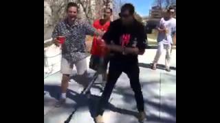 Dude fall of the Roof while bat spinning drunk