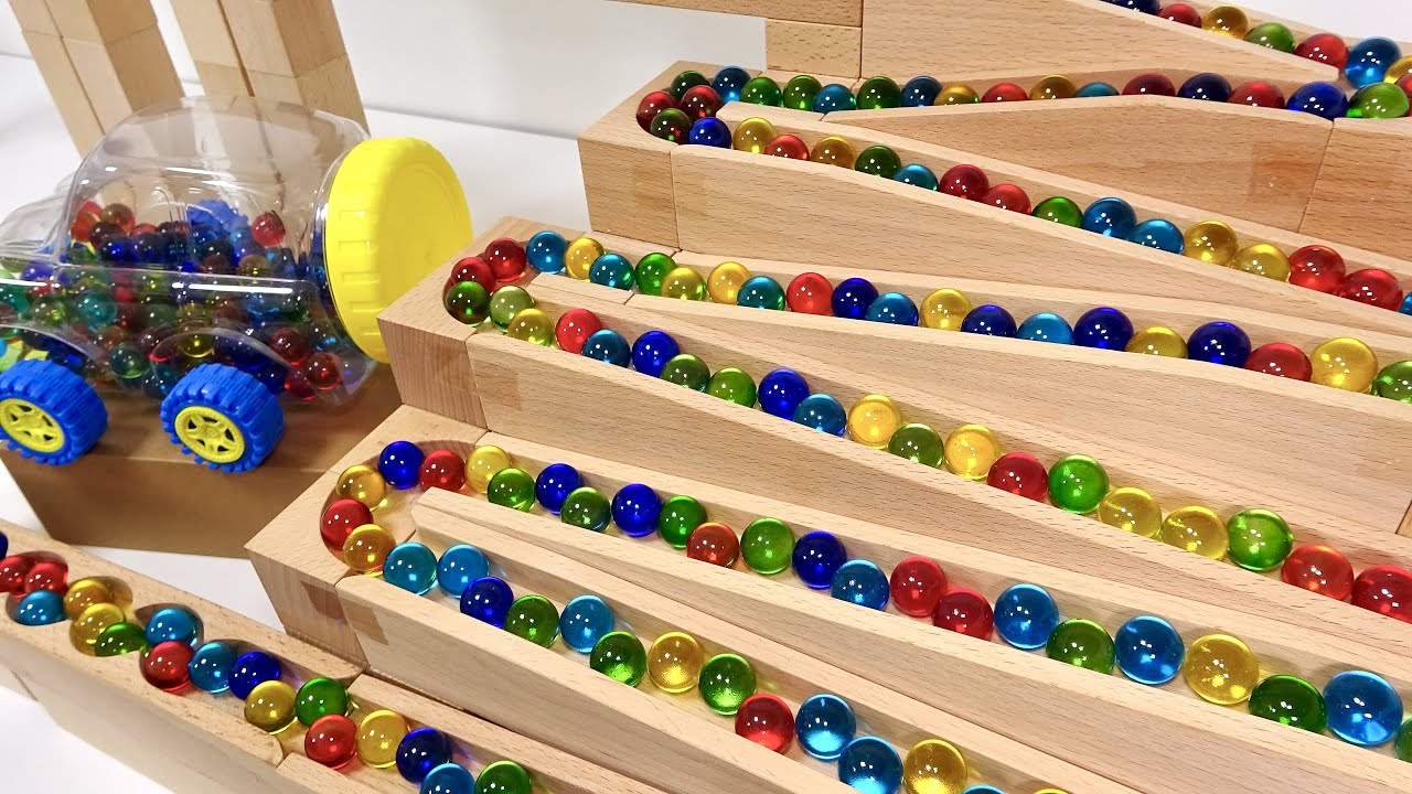 マーブルラン☆小さな大工さん＆透明車♪なみなみレール＆ストレートレール連結コース♪ビー玉ころがし