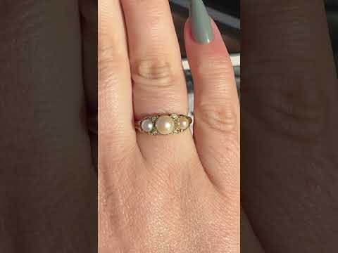 Stunning Vintage 9ct Yellow Gold Half Pearl And Diamond Ring
