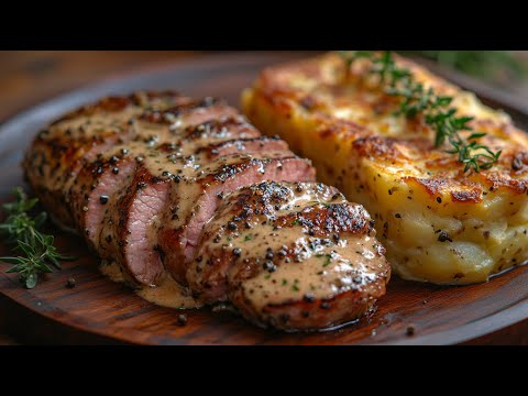 Pork fillet in pepper cream sauce with potato gratin – simple and incredibly delicious