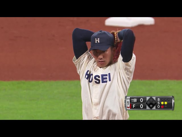 【1回裏】法政大・篠木健太郎 2イニングを2奪三振、1人のランナーも出さないピッチング!! 2024年8月31日 北海道日本ハムファイターズ 対 東京六大学選抜チーム