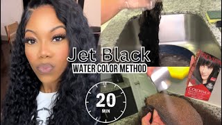EASIEST WAY TO DYE WIG JET BLACK USING HAIR DYE IN 20 MINUTES | Water Color Method | No Lace Stains