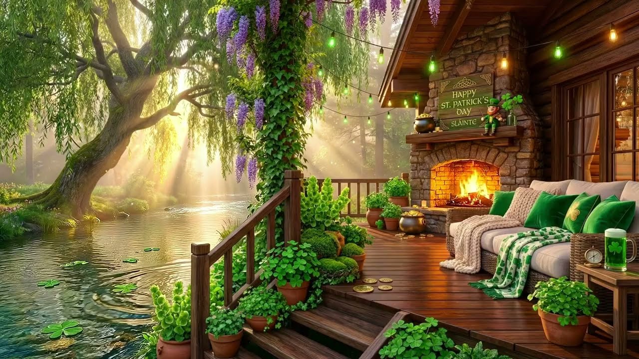 🍀 Cozy St. Patrick’s Morning | Relaxing Soft Piano & Warm Chalet Fireplace