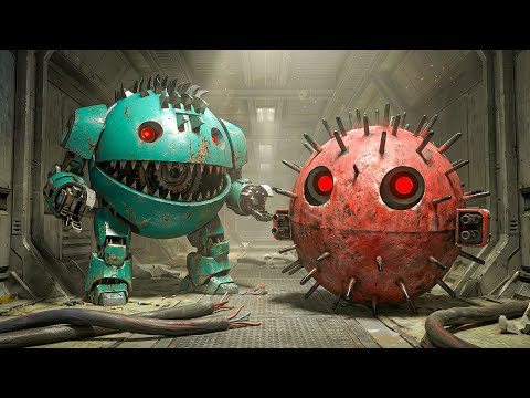 Pacman Teams Up with Walking Robot Blade in a High-Tech Labyrinth Full of Traps and Robots