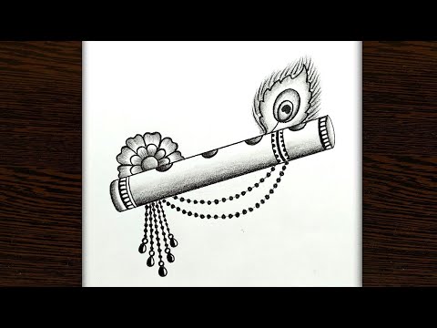 Flute Drawing with Peacock Feathers || Janmashtami Special Flute Drawing || Pencil Shading, #flute,