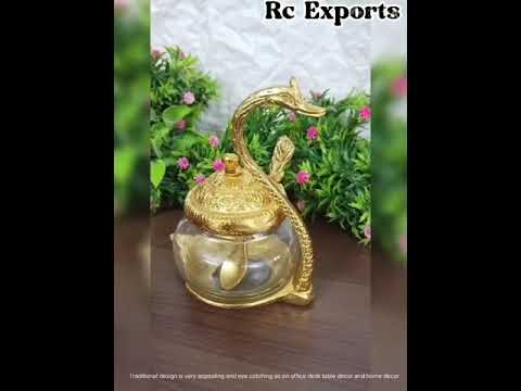 Golden Metal Swan Glass Bowl with Spoon for Serving Dry Fruit Gifting