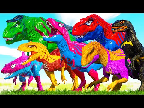 Epic Tyrannosaurus Rex vs Mosasaurus vs Spiderman FIGHTING in Jurassic World Evolution 3