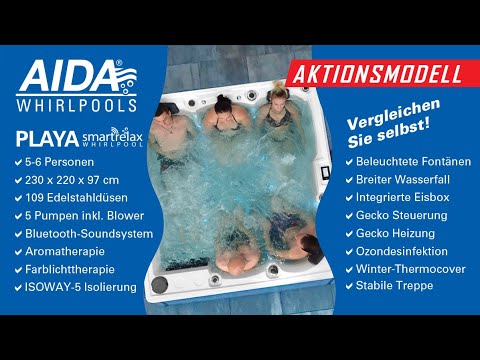 Outdoor Whirlpool AIDA Playa smartrelax: Aktionsmodell für 5-6 Personen mit 2 Liegen und 3 Sitzen. Inkl. 5 Pumpen, Heizung, Abdeckung, Trepp