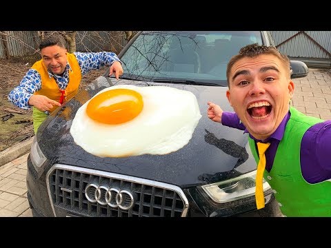Older Mr. Joe put an Egg on Hood Car VS Mr. Joe on Audi Q3 ate scrambled Eggs