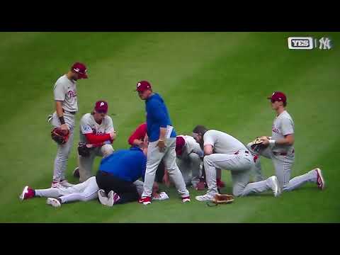 Philadelphia Phillies' Edmundo Sosa hurt after colliding with Brandon Marsh vs. New York Yankees