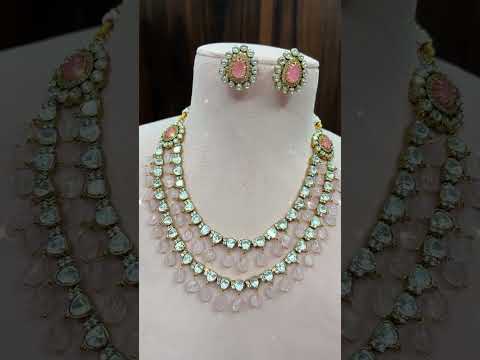 Pink brass party wear moissanite necklace set, earring