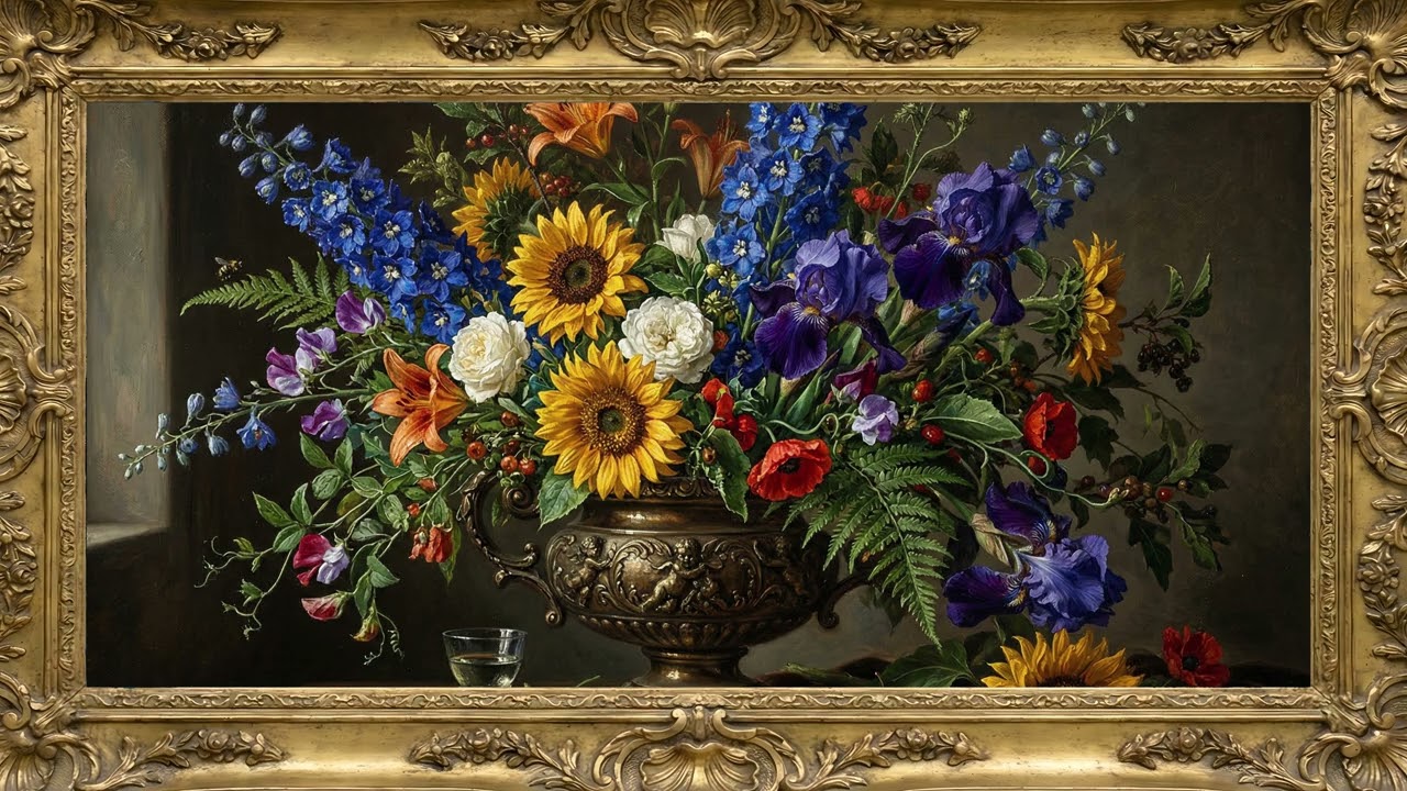 Moody Floral Sunflower Gold Frame | Vintage Floral Oil Painting | 4K Frame TV Art — 4K ambient art screensaver in baroque gold frame
