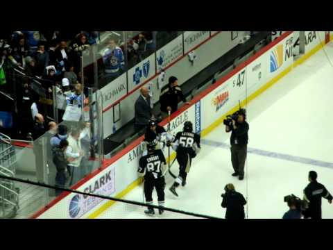 Crosby exiting; Letang getting Flower the puck (Pittsburgh Penguins 11.21.11)