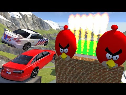 Crazy Vehicle High Speed Jump Through FIRE In Green Slime Pool - BeamNG.drive Jumps Angry Birds