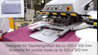 Швейный автомат для автоматического фальцевания и настрачивания накладных карманов на сорочки DURKOPP ADLER 806N-121-01 video