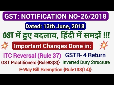 GST Latest: Changes in ITC REVERSAL,GSTR 4, GST PRACTITIONER, E WAYBILL, IDS | NOTIFICATION 26/2018 Video