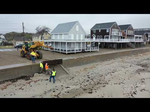 10-26-2021 Scituate, Ma Town preps for Nor'easter- boarding up- reinforcing sea wall- drone