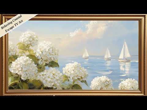 Calming Coastal Hydrangeas & Sailboats | 2 Hour Relaxing Decor | 4K Frame TV Art Ocean View