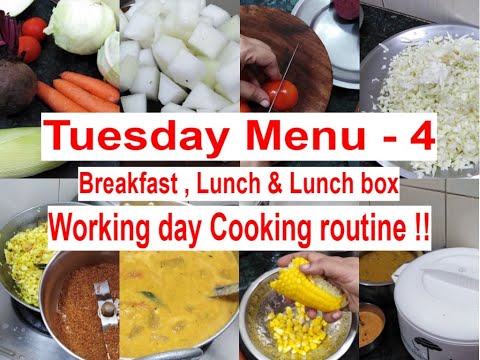 Tuesday Menu - 4 இட்லி தக்காளி வெங்காய சட்னி | பூசணிக்காய் சாம்பார் முட்டைகோஸ் பொரியல் பீட்ரூட் ரைஸ்