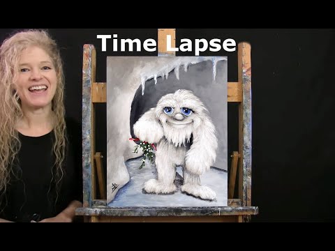 TIME LAPSE - Learn How to Paint MISTLETOE YETI with Acrylic - Winter Animal Step by Step Tutorial