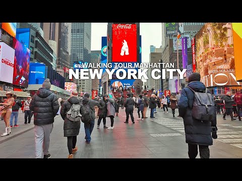 New York Manhattan Winter Walk, Broadway, Times Square, 7th Avenue, Union Square and SoHo, USA, 4K