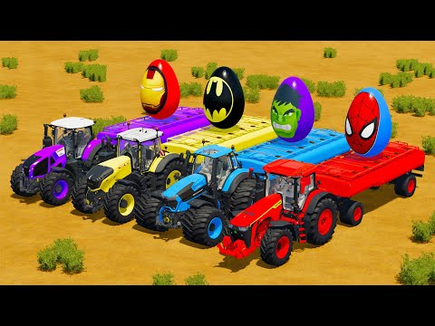 FENDT vs JOHN DERRE vs DEUTZ FAHR vs CLAAS TRACTORS BATTLE WITH GIANT SUPER HEROES EGGS - FS 22
