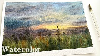 All in one go. How to Paint a Beautiful Sunset Landscape with Watercolor