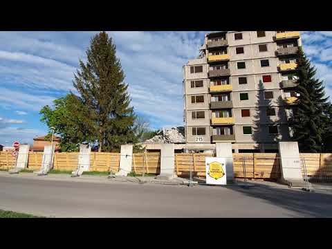 Demolition of tall building in Partizanske, Slovakia: view from Slovak National Uprising Square