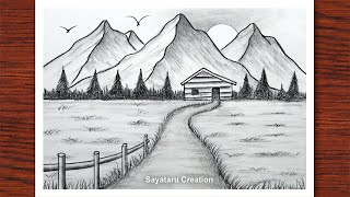 How to draw Sunset in Mountain with pencil, Sayataru Creation Drawing 2021