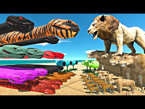 Giant Snake Team Fights Lion King Team - Animal Revolt Battle Simulator