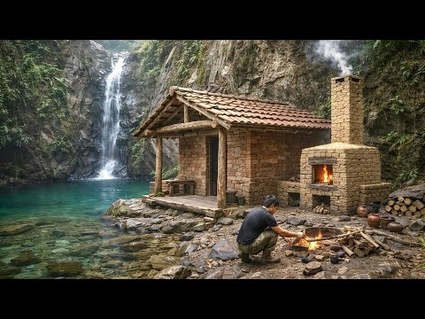 Built a Brick Survival House Beside a Waterfall | Dream Bushcraft shelter in the Wild