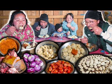 Home made pork momo Cooking & Eating in village kitchen with family