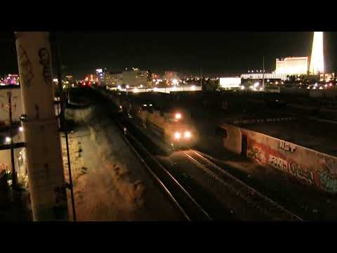 Union Pacific freight train at night in downtown Las Vegas, Nevada