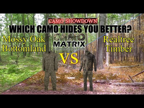 Compare Mossy Oak Bottomland VS Realtree Timber with simulated deer vision on 14 Backgrounds.