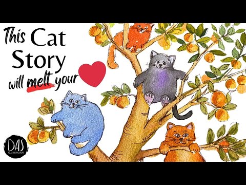 How to Paint Cute Cats in an Orange Tree  — real time tutorial for everyone! (Plus *free sketch)