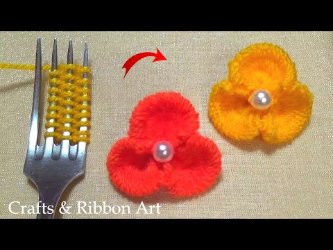 Super Easy Woolen Flower Making Ideas with Fork - Hand Embroidery Amazing Trick - Sewing Hack