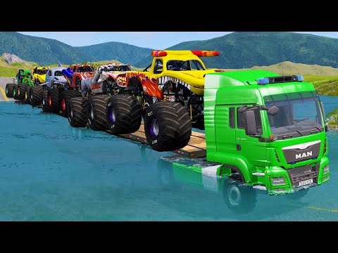 Quad Flatbed Long Trailer Monster Trucks Transport Car Rescue - Cars vs Deep Water#7