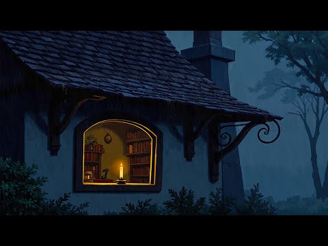 rainy night in a 1920s cozy cottage with oldies playing in another room for relax, unwind