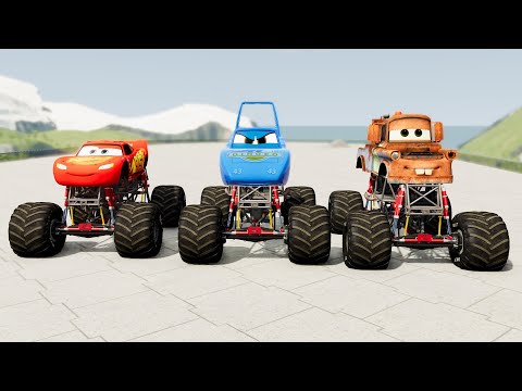 Monster Truck Lightning Mcqueen VS Monster Truck Dinoco King VS Monster Truck Mater - BeamNG #04