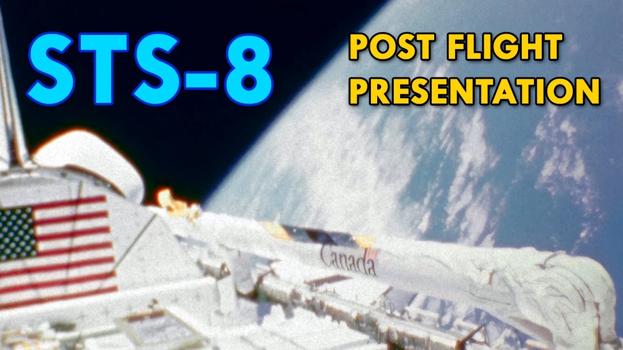STS-8 Post Flight Presentation - Launch, External Views, Payloads, Crew Activities, Reentry, Landing