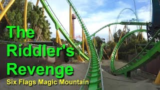 Six Flags Magic Mountain The Riddler&#39;s Revenge Roller Coaster On Ride Front Seat HD POV New Paint