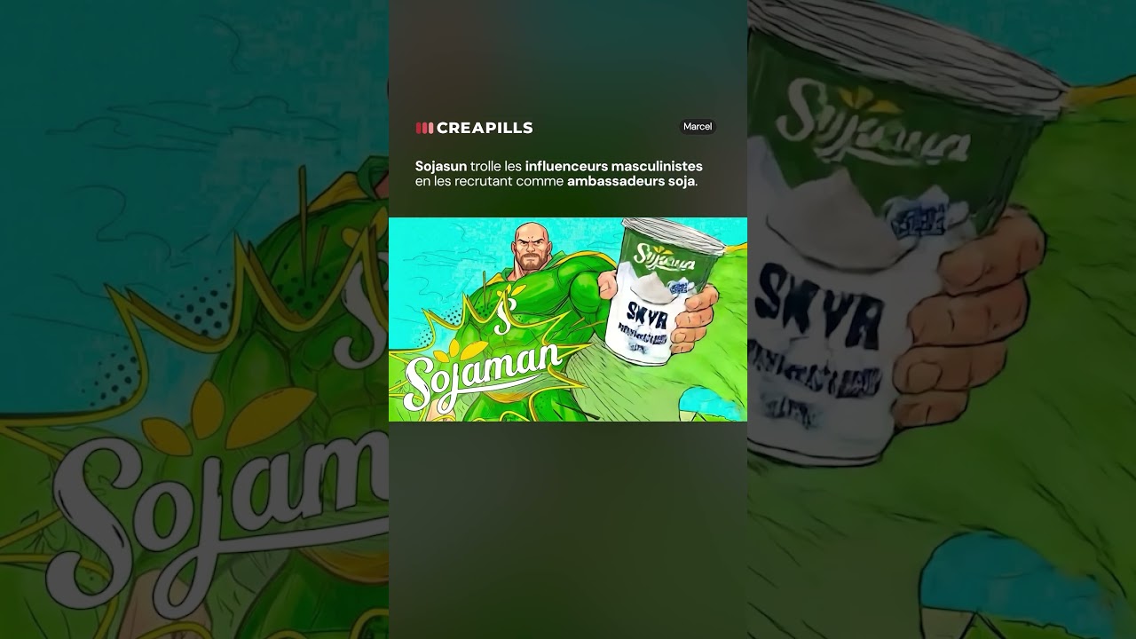 Sojasun et Marcel, film SojaMan, parodie de super héros bodybuildé qui recrute les influenceurs masculinistes comme ambassadeurs soja, mai 2026