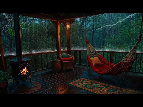 Cozy Cabin Porch in the Rain – Thunderstorm & Fireplace Ambience for Relaxation, Deep Sleep