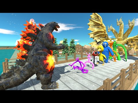 Godzilla Burning vs Rainbow Friends, Ghidorah PYRAMID DEATH RUN - Animal Revolt Battle Simulator