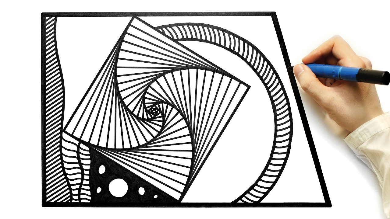 4K Drawing abstract black and white trapezoid with spiral pattern and random lines inside