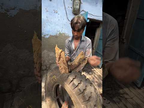 Big truck tyre, damaged by heavy wood, was made brand new by this Craftsman for only Rs 2000 #reels