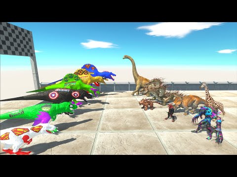 CHAMPIONSHIP SUPERHERO T-REX, SPINOSAURUS DINOSAURS BIG FALL - Animal Revolt Battle Simulator