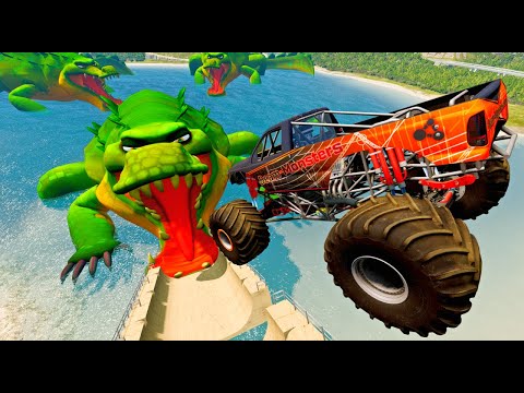 Monster Trucks Jumps into Crocodile in Giant Ramp | BeamNG Drive Cars and Trucks Crashes Compilation